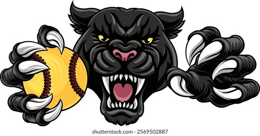 Black panther leopard or jaguar cat softball sports team mascot holding a ball
