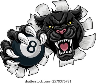 Black panther leopard or jaguar cat pool billiards sports team mascot holding a black 8 billard ball