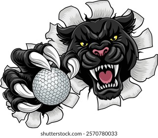 Black panther leopard or jaguar cat golf sports team mascot holding a ball
