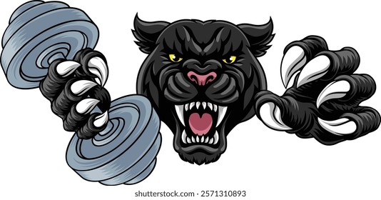 Black panther leopard or jaguar cat weight lifting dumbbell gym sports mascot 