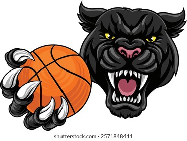 Black panther leopard or jaguar cat basketball sports team mascot holding a ball