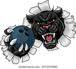 Black panther leopard or jaguar cat bowling sports team mascot holding a ball