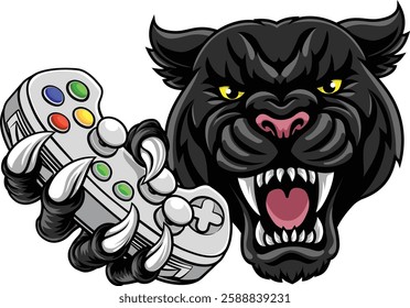 Black panther leopard or jaguar cat gamer sports mascot holding a video game controller