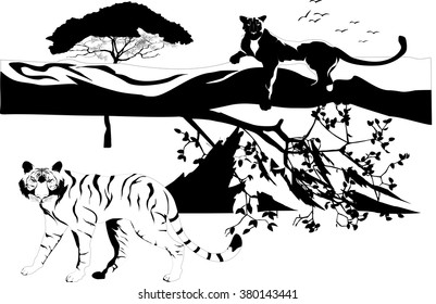Black panther on tree trunk and tiger. vector illustration
