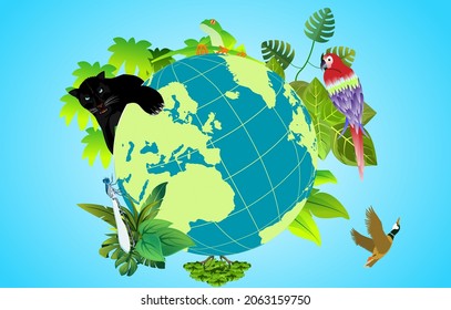 Black panther, parrot on the globe, concept earth save vector illusatration