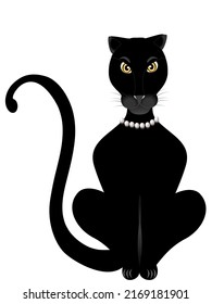 Black panther with a pearl necklace around his neck on a white background.