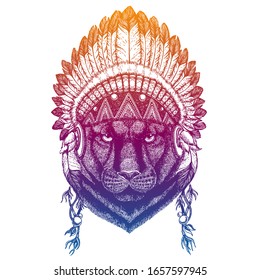 Black panther, panther, puma, cougar. Animal. Vector portrait in traditional indian headdress with feathers. Tribal style illustration for little children clothes. Image for kids tee fashion, posters.