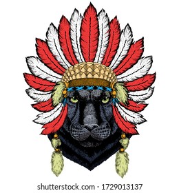 Black panther, puma. Head of animal. Wild cat portrait. Indian headdress with feathers. Boho style.