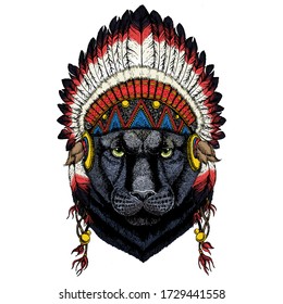 Black panther, puma. Head of animal. Wild cat portrait. Indian traditional headdress.
