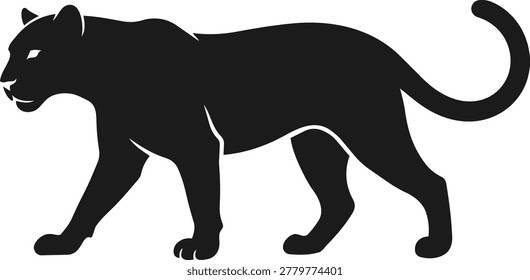 A black panther silhouette in profile, captured mid-stride with its tail elegantly curled upwards.