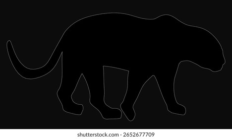 Uma silhueta de pantera preta destaca-se contra um fundo escuro com contraste impressionante. O felino poderoso tem uma cauda longa, olhos largos e alerta e boca ligeiramente aberta para um olhar ameaçador.