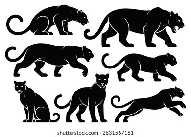 Black panther silhouettes in various dynamic poses a graphic illustration silhouette
