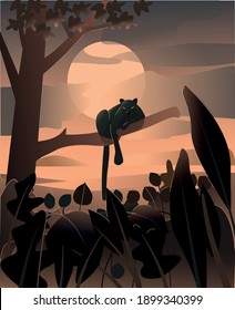 Black panther sitting on the tree at night . Beautiful background with full moon. Vector illustration for print and decoration