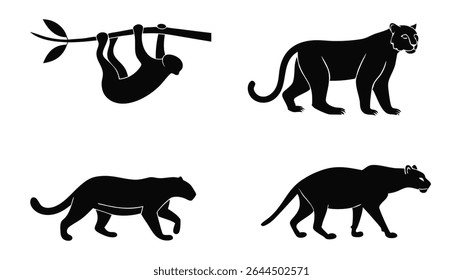 Silhuetas de pantera negra e preguiça sobre fundo branco ilustrando animais selvagens para design e educação