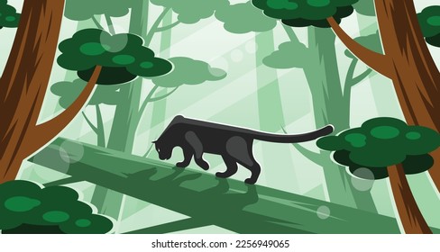 Black panther sneaking over a fallen tree in the thicket of the forest. Vector illustration