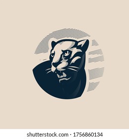 The black panther turns and grimaces, showing fangs, against the sky. Vector illustration