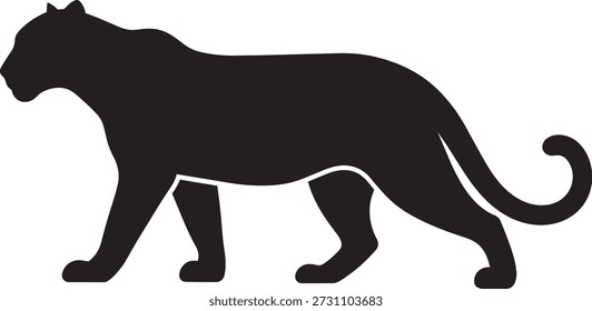 Schwarzer Panther, Vektorsilhouette einer kriechenden Wildkatze, räuberische Panthera, die im Profil stalkt, minimalistischer Leopard oder Jaguar-Maskottchen-Symbol