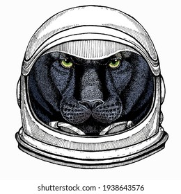 Black panther. Wild cat portrait. Astronaut animal. Vector portrait. Cosmos and Spaceman. Space illustration about travel to the moon. Funny science hand drawn illustration.