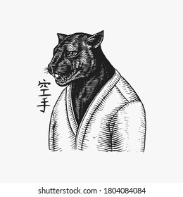 Black panther wrestler or cat fighter. Japanese text means: Karate. Fashion Animal character. Hand drawn sketch. Vector engraved illustration for logo, label and tattoo or T-shirts.