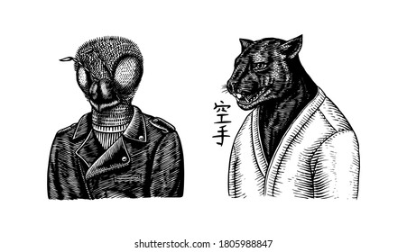 Black panther wrestler or cat fighter and Bee biker. Japanese text means: karate. Fashion Animal character. Hand drawn sketch. Vector engraved illustration for logo, label and tattoo or T-shirts.