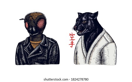 Black panther wrestler or cat fighter and Bee biker. Japanese text means: karate. Fashion Animal character. Hand drawn sketch. Vector engraved illustration for logo, label and tattoo or T-shirts.