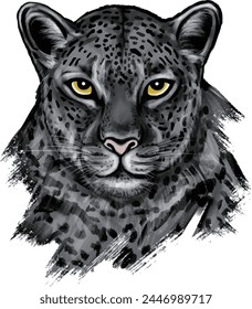 Pantera Negra, Leopardo, Jaguar. Retrato monocromo, gráfico, artístico de un leopardo en un estilo pintoresco sobre un fondo blanco con pinceladas.