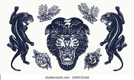 Black panthers. Aggressive wild cats. Old school tattoo set. Traditional style 