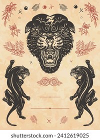 Black panthers frame. Old paper vector. Wild jungle cats. Cover page template, vertical background