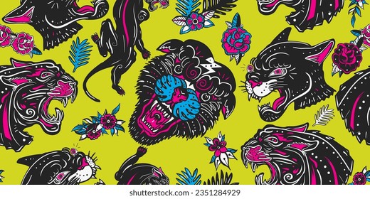 Black panthers head and roses flowers seamless pattern. Classical old school tattoo style. Wild cats in jungle, animals background. Traditional tattooing style