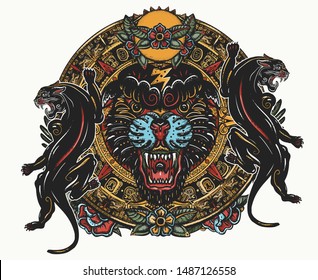 Black panthers and mayan sun calendar. Wild cats totem, jungle art. Mesoamerican mexican culture. Esoteric color tattoo and t-shirt design 