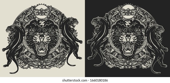 Black panthers and mayan sun calendar. Wild cats totem. Template for clothes, covers, emblems, stickers, poster and t-shirt design. Typography art. Vector illustration 