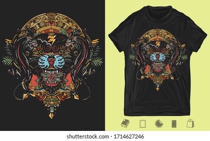 Black panthers and mayan sun calendar. Wild cats totem, jungle art. Mexican culture style. Creative print for dark clothes. T-shirt design. Template for posters, textiles, apparels 