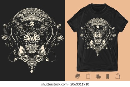 Black panthers and mayan sun calendar. Old school tattoo vector art. T-shirt design. Mesoamerican mexican culture. Creative print for clothes. Template for posters, textiles, apparels 