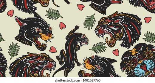 Black panthers seamless pattern. Old school tattoo style. Wild cats and red heart, animals background. Traditional tattooing art 