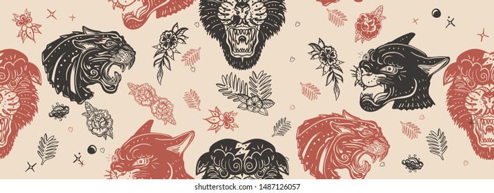 Black panthers seamless pattern. Old school tattoo style. Vintage paper background. Aggressive wild cats, animals background. Traditional tattooing art 