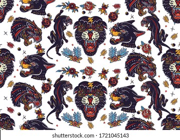 Black panthers seamless pattern. Tropical animals background. Old school tattoo style. Wild cats, red heart and palm leaves. Traditional tattooing art 