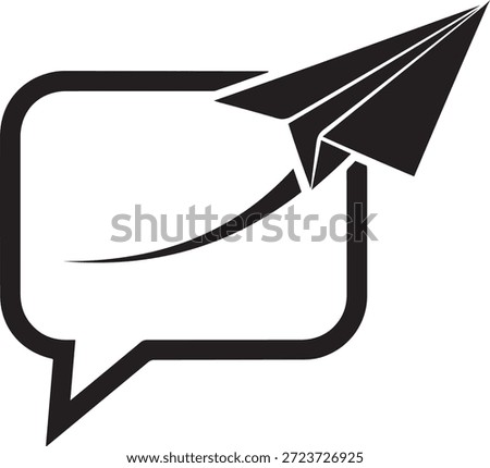 Black paper airplane emerging from a rounded square speech bubble with a curved trail communication