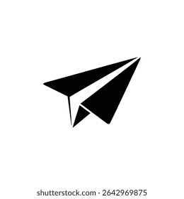 A black paper airplane icon is displayed on a white background. This graphic element showcases a classic origami design in a minimalist monochrome style.