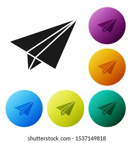 Black Paper airplane icon isolated on white background. Set icons colorful circle buttons. Vector Illustration