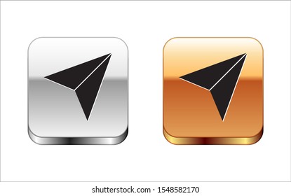 Black Paper airplane icon isolated on white background. Silver-gold square button. Vector Illustration