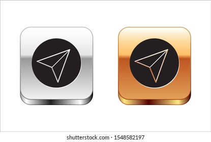 Black Paper airplane icon isolated on white background. Silver-gold square button. Vector Illustration