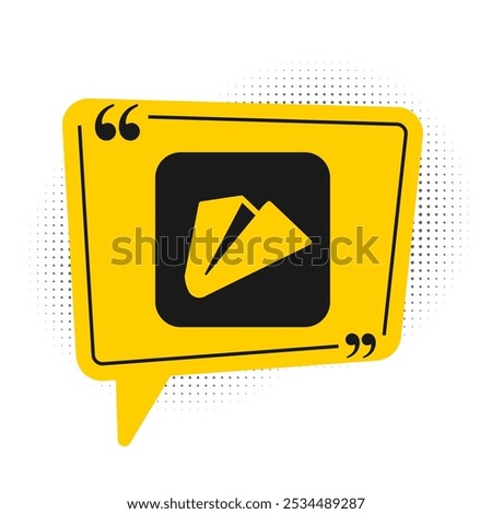 Black Paper airplane icon isolated on white background. Yellow speech bubble symbol. Vector