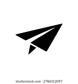 Black paper airplane icon with triangular wings and tail isolated on transparent background