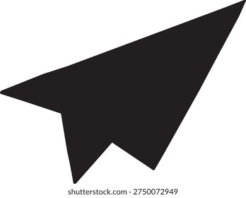 Black paper airplane soaring through air with sharp edges and pointed nose on white background