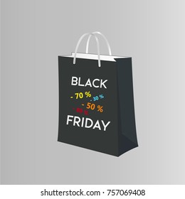 Black paper bag with Black Friday text  and text with percentage of discount on it . 