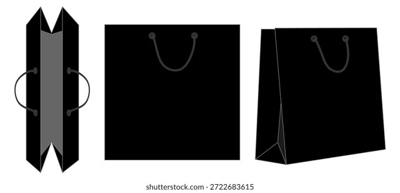 Schwarze Papiertasche und Griff Vektor Mockup.