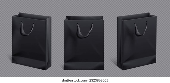 Black paper bag and satin handle vector mockup. Shopping package mock up to carry purchase front angle view icon merchandising design collection. 3d retail reusable branding merchandise illustration