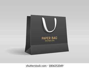 Black paper bag, with white cloth handle design, template on gray background Eps 10 vector illustration