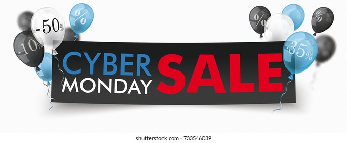 Black paper banner with disount balloons on for the Cyber Monday Sale.  Eps 10 vector file.