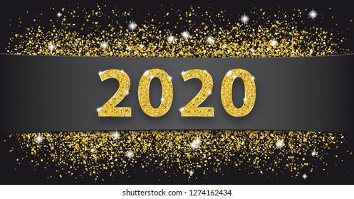 Black paper banner with golden sand and text 2020.  Eps 10 vector file.
